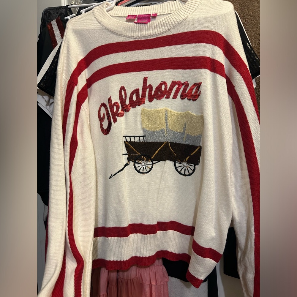 Oklahoma Themed Red and White Sweater
